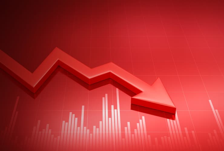 A downward arrow representing a market crash.