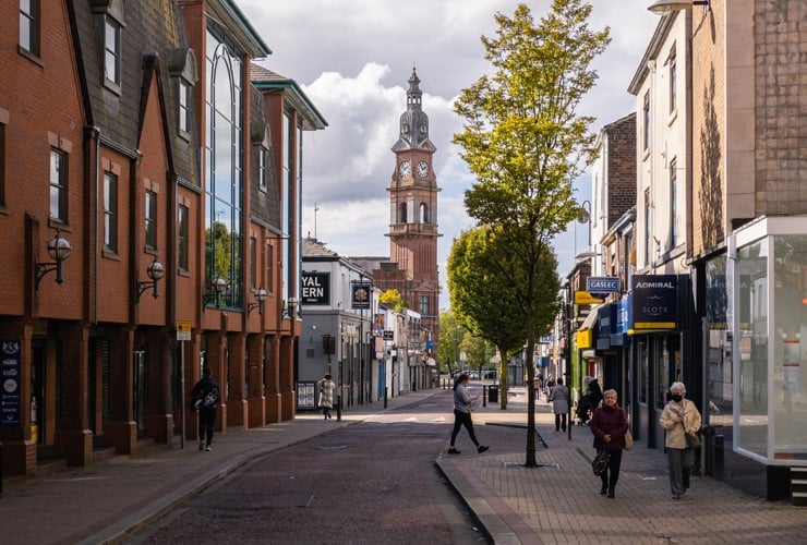 A shopping street in St. Helens, Merseyside.