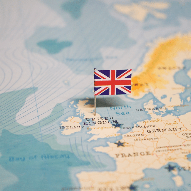 Map of the UK with a Union Jack pin