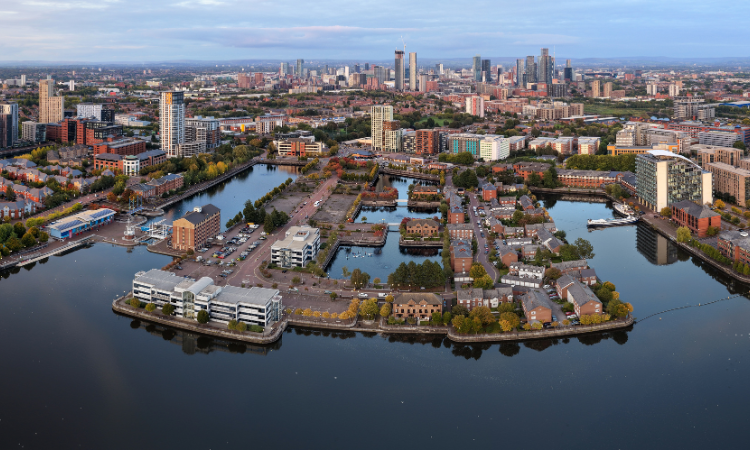 Twilight aerial panorama of Salford Quays