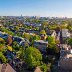 Aerial view of residential houses and trees