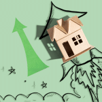 Graphic with a house as a rocketship and an upward arrow