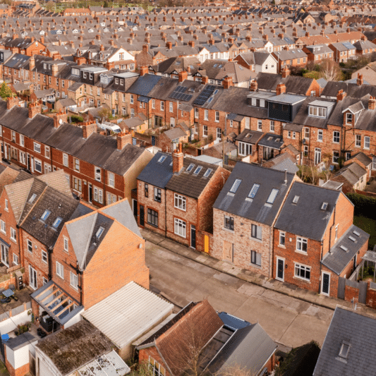 UK housing estate aerial view of terrace houses back to back in the North