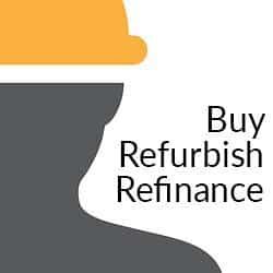Simple image of a man in a hard hat. Text next to the image says, 'buy refurbish refinance'.
