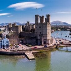 Aerial image of the skyline of Caernarfon in North Wales