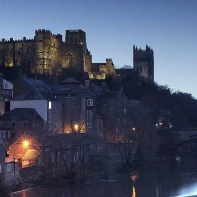 Durham just before sunrise. The Castle, Cathedral, Framwellgate Bridge and River Wear are visible.