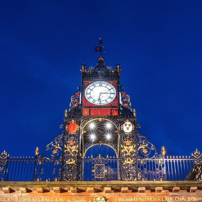 The East Gate clock in Chester, photographed at night