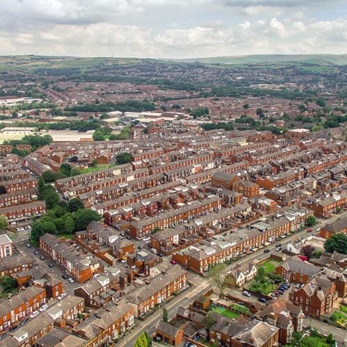 Aerial view of Glodwick in Oldham, Greater Manchester.