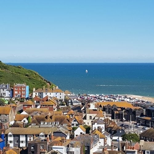 Elevated view of the rooftops of the town of Hastings, UK.