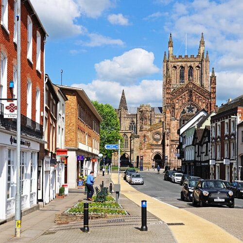 Front view of the Cathedral at the end of King Street, Hereford.