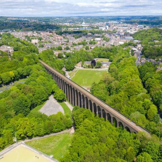 Areal view of the Lockwood Viaduct in the town of Huddersfield, Yorkshire.