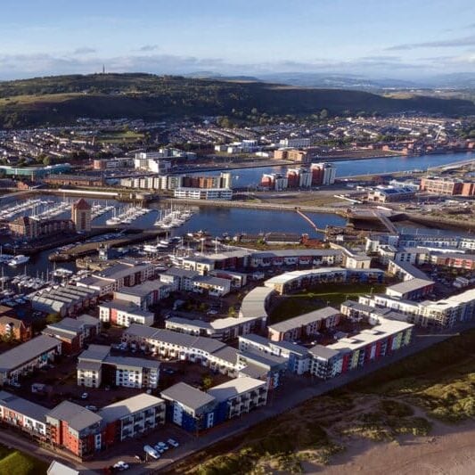 Aerial view of the Prince of Wales Dock in Swansea.