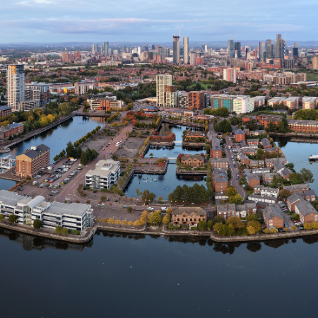 Twilight aerial panorama of Salford Quays