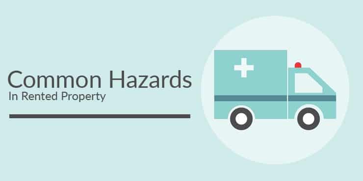 An illustration of an ambulance with the words, common hazards inside rental property.