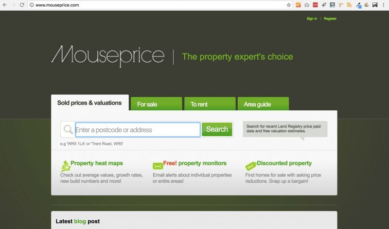 A screenshot of the homepage for Mouseprice