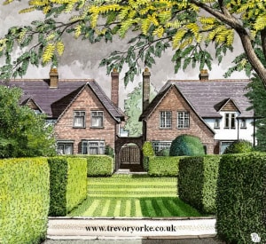 A drawing of two houses from the 1920s set around a green. Image by Trevor Yorke