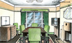 Drawing of a typical Art Deco style dining room. Image by Trevor Yorke