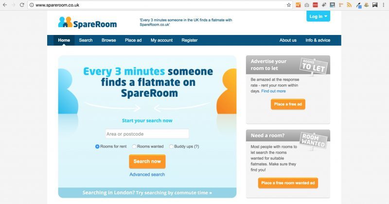 A screenshot of the homepage of Spareroom.