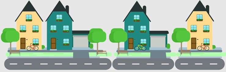 Graphic - 2d representations of a street with houses, a road and trees.